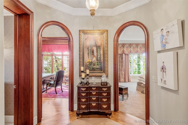 hallway featuring light hardwood / wood-style floors and ornamental molding