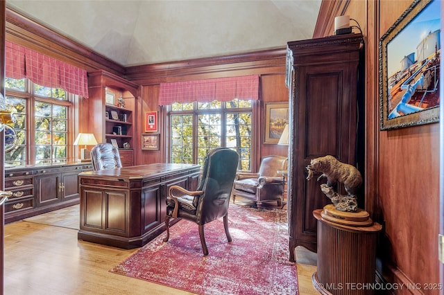 home office with a healthy amount of sunlight, light wood-type flooring, and vaulted ceiling