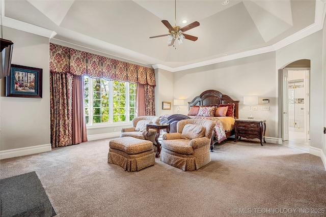 bedroom featuring carpet floors, high vaulted ceiling, ensuite bath, and ceiling fan