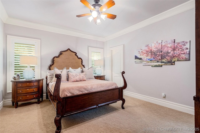 bedroom with ceiling fan, light colored carpet, and ornamental molding