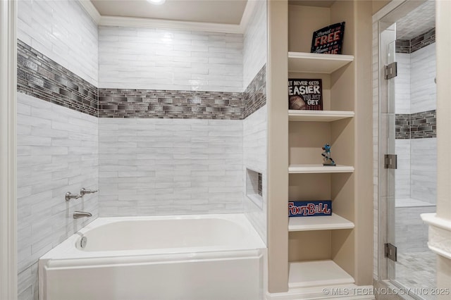 bathroom with built in features and plus walk in shower