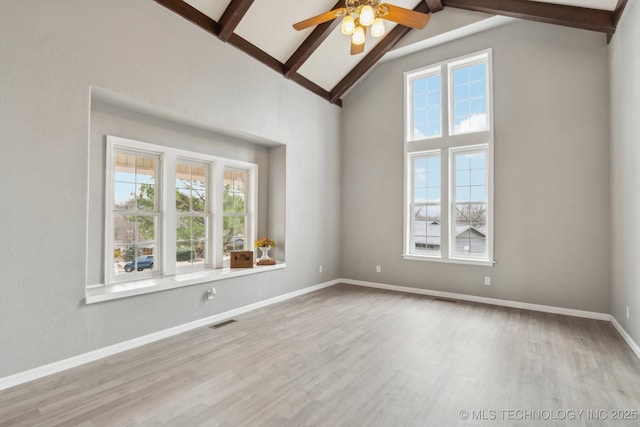 unfurnished room with beam ceiling, ceiling fan, high vaulted ceiling, and light hardwood / wood-style floors