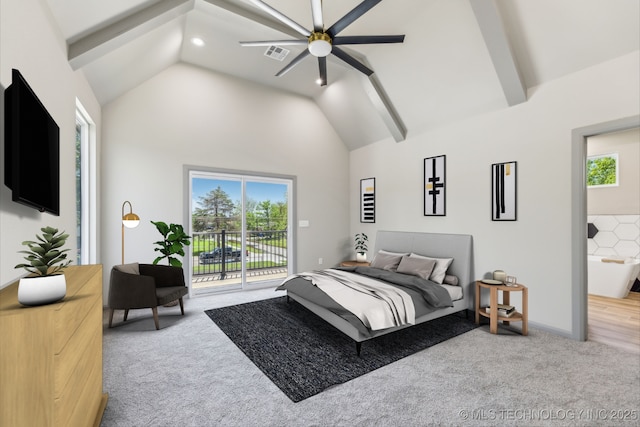 425 W Ft Worth St, Broken Arrow, OK 74012 - carpeted bedroom featuring recessed lighting, access to exterior, visible vents, beam ceiling, and high vaulted ceiling
