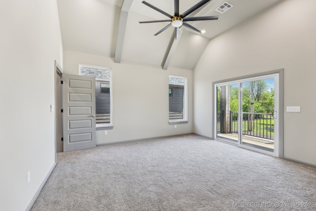 425 W Ft Worth St, Broken Arrow, OK 74012 - empty room with carpet, visible vents, a healthy amount of sunlight, high vaulted ceiling, and ceiling fan