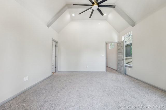 425 W Ft Worth St, Broken Arrow, OK 74012 - interior space featuring baseboards, carpet, high vaulted ceiling, and ceiling fan