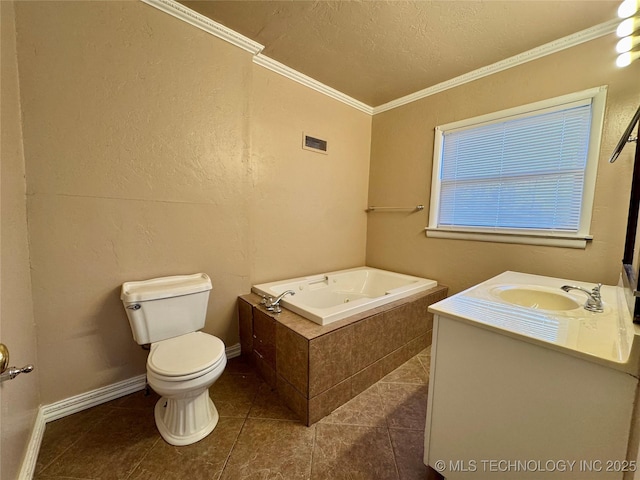 bathroom featuring toilet, a relaxing tiled tub, tile patterned floors, crown molding, and vanity