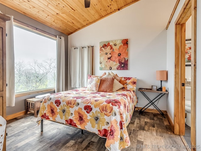 bedroom with dark hardwood / wood-style floors, ceiling fan, wood ceiling, and vaulted ceiling