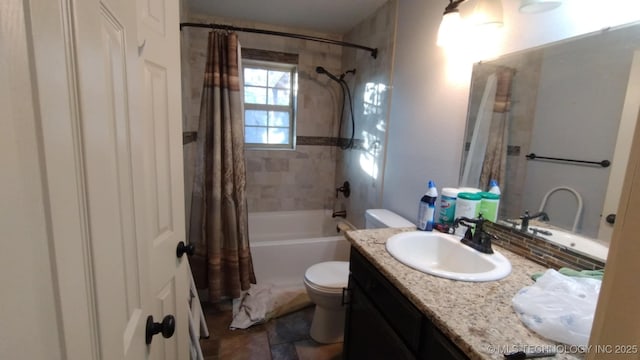 full bathroom with vanity, toilet, and shower / bathtub combination with curtain