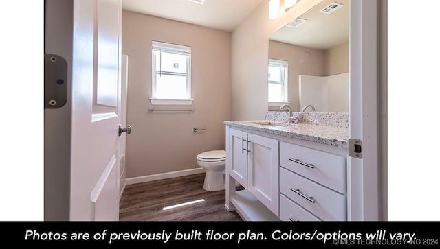 bathroom with vanity, wood-type flooring, and toilet