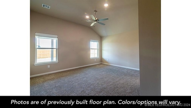 empty room with carpet flooring, ceiling fan, and lofted ceiling