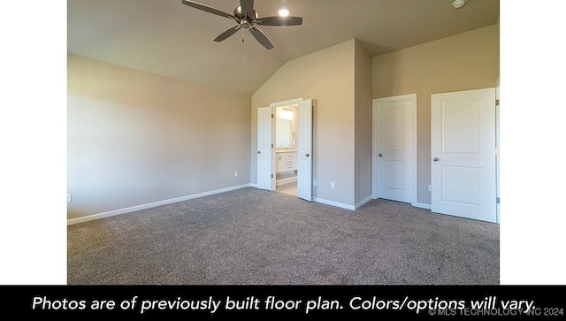 unfurnished bedroom with ensuite bathroom, ceiling fan, light carpet, and vaulted ceiling