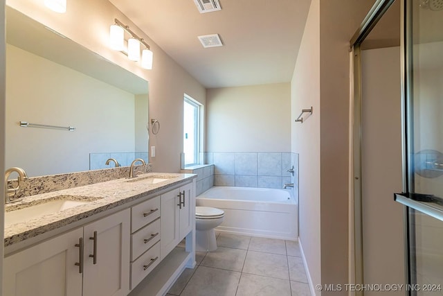 full bathroom with tile patterned flooring, vanity, toilet, and shower with separate bathtub