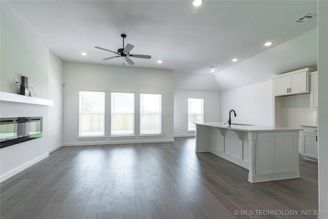 kitchen with white cabinetry, ceiling fan, sink, dark hardwood / wood-style flooring, and a center island with sink