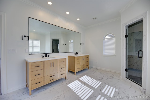 bathroom featuring vanity, an enclosed shower, and ornamental molding