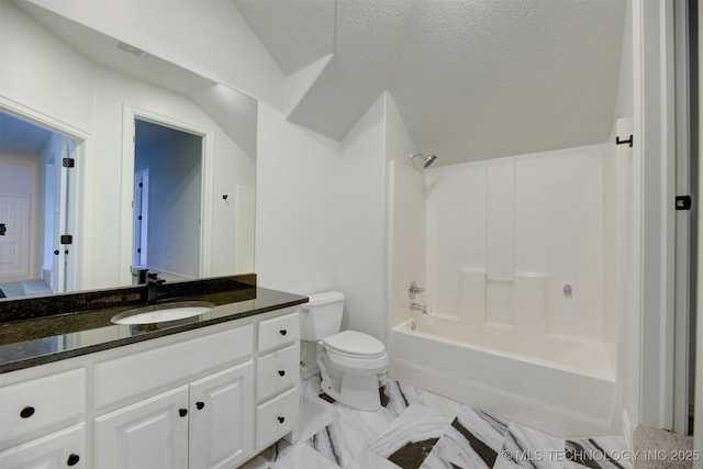 full bathroom with vaulted ceiling, a textured ceiling, shower / tub combination, toilet, and vanity