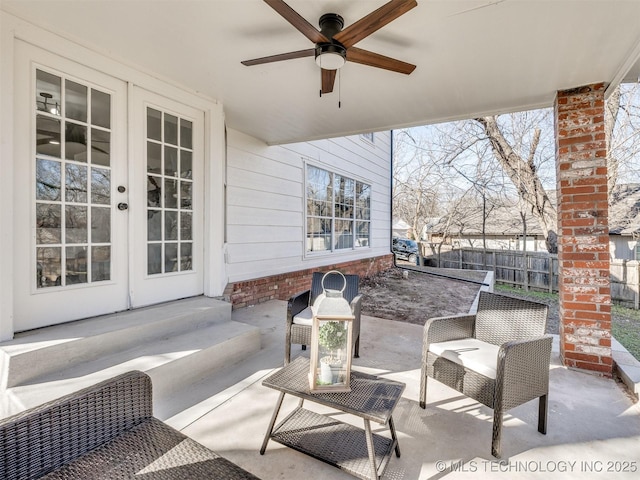 view of patio / terrace with ceiling fan, french doors, and an outdoor hangout area