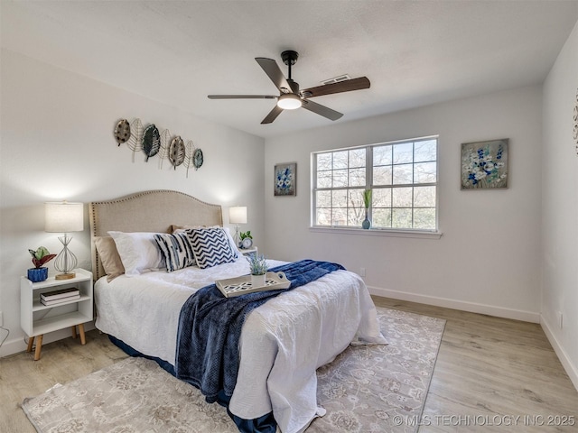 bedroom featuring ceiling fan and light hardwood / wood-style flooring