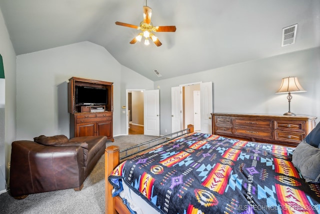 carpeted bedroom featuring ceiling fan and vaulted ceiling