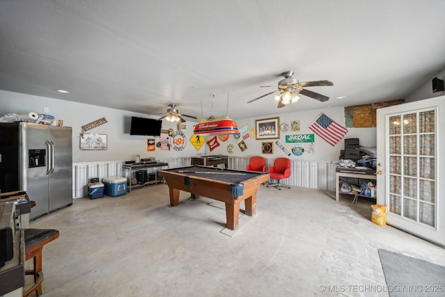 game room with concrete floors, ceiling fan, and pool table