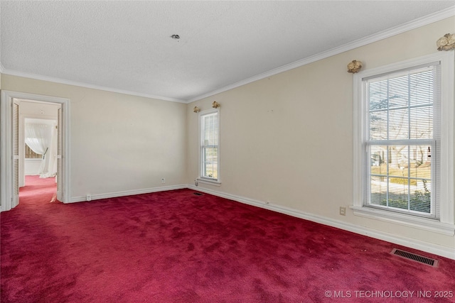 spare room with crown molding, plenty of natural light, and carpet