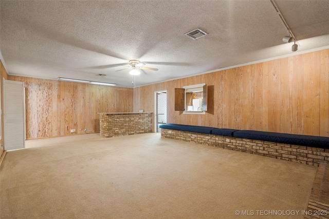 basement featuring a textured ceiling, ceiling fan, wood walls, and track lighting