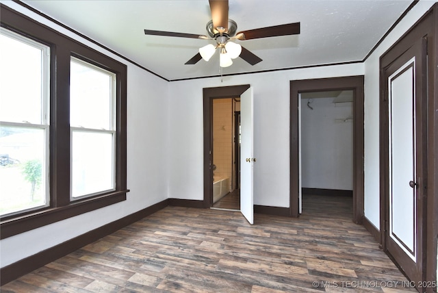 unfurnished bedroom featuring dark hardwood / wood-style flooring, ceiling fan, and ornamental molding