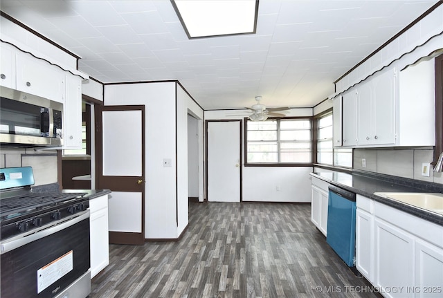 kitchen with white cabinetry, ceiling fan, sink, dark wood-type flooring, and appliances with stainless steel finishes