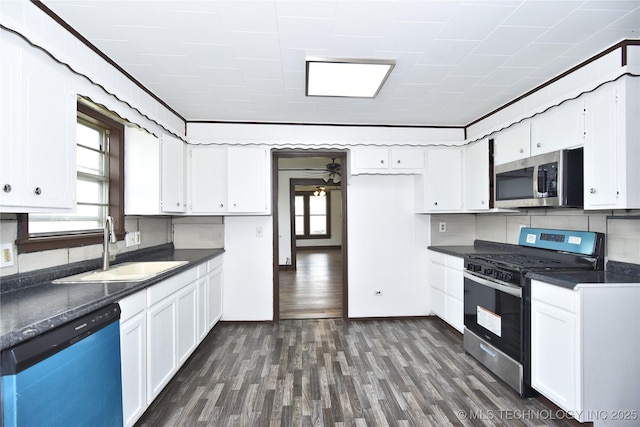 kitchen with sink, white cabinets, stainless steel appliances, and dark hardwood / wood-style floors