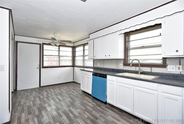 kitchen with stainless steel dishwasher, ceiling fan, dark wood-type flooring, sink, and white cabinetry