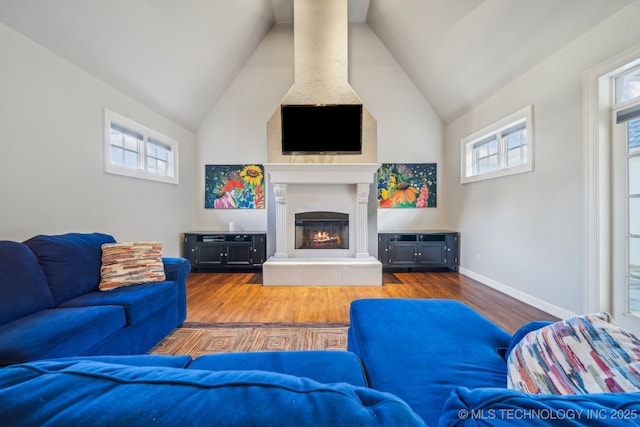 living room featuring wood-type flooring and lofted ceiling