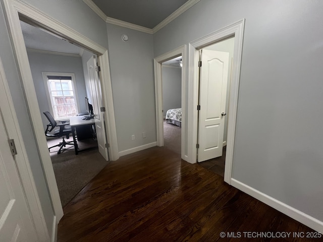 hallway featuring dark wood-type flooring and ornamental molding