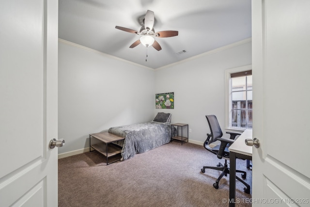 bedroom with carpet flooring, ceiling fan, and crown molding