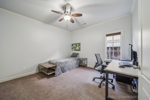 carpeted bedroom featuring ceiling fan and ornamental molding