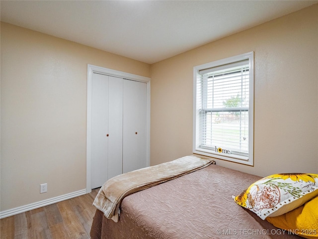 bedroom featuring hardwood / wood-style floors and a closet