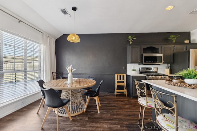 dining room featuring a wealth of natural light, dark hardwood / wood-style flooring, and vaulted ceiling