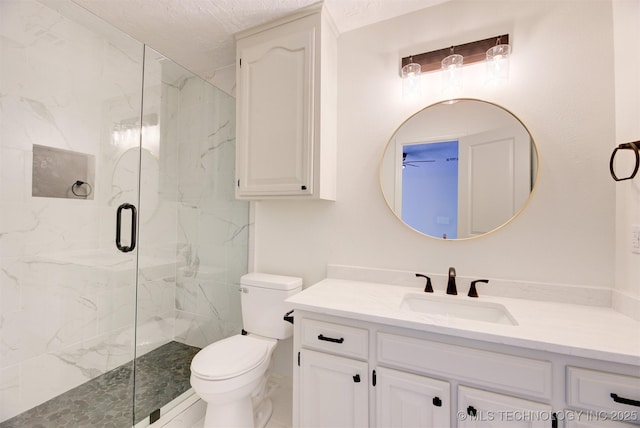 bathroom with vanity, toilet, and walk in shower