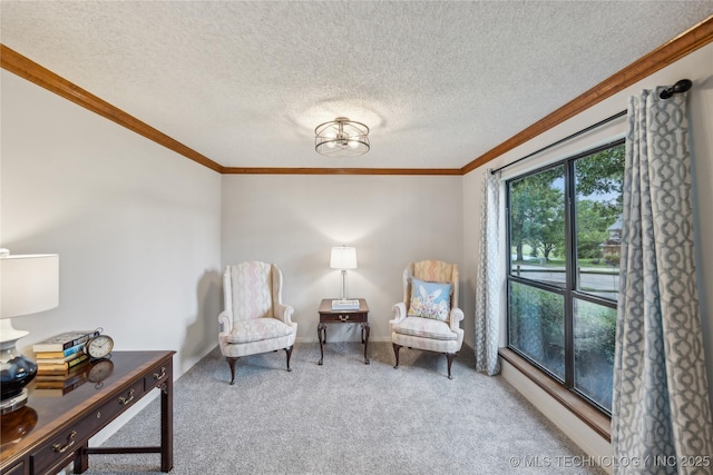 living area featuring carpet flooring, a textured ceiling, and ornamental molding