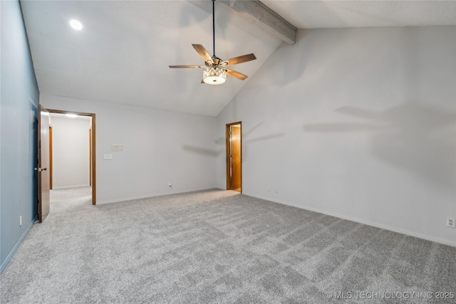 carpeted empty room featuring beam ceiling, ceiling fan, and high vaulted ceiling