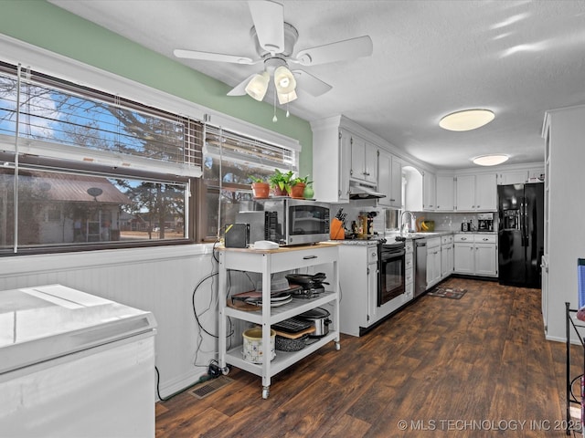 kitchen with white cabinets, ceiling fan, a textured ceiling, appliances with stainless steel finishes, and dark hardwood / wood-style flooring