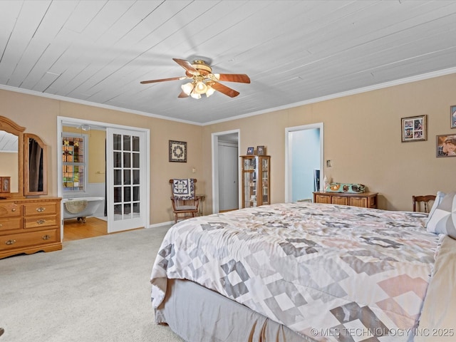 carpeted bedroom featuring ceiling fan, french doors, wooden ceiling, and ornamental molding