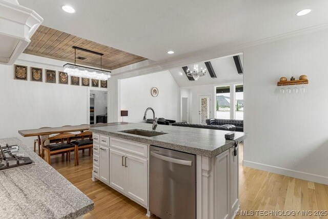 kitchen with a center island with sink, white cabinets, stainless steel appliances, and sink