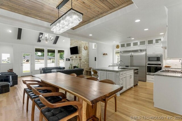 kitchen with light stone countertops, built in appliances, white cabinets, a stone fireplace, and an island with sink