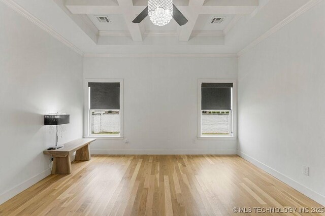 interior space with beam ceiling, ceiling fan, coffered ceiling, light hardwood / wood-style floors, and ornamental molding