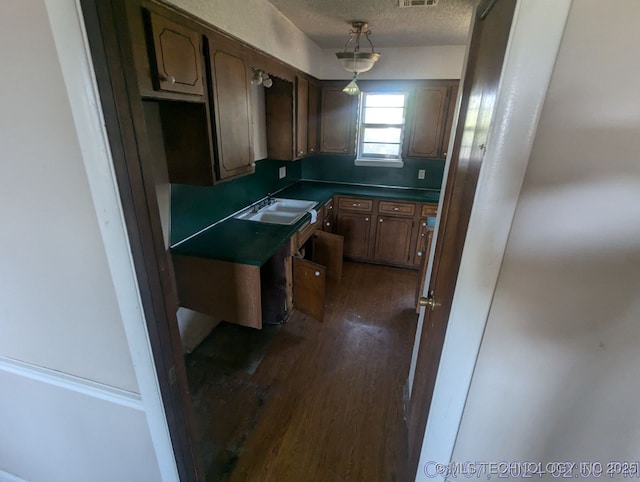 kitchen featuring dark brown cabinets, sink, dark hardwood / wood-style floors, and a textured ceiling