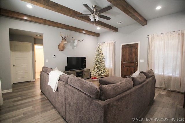 living room with wood-type flooring, ceiling fan, and beam ceiling