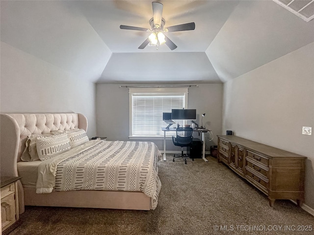 bedroom featuring ceiling fan, vaulted ceiling, and dark colored carpet