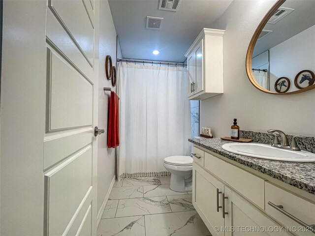 bathroom with vanity, toilet, and walk in shower