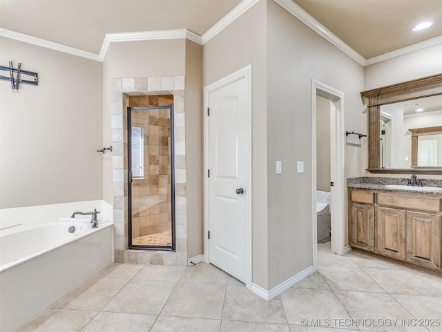 full bathroom with tile patterned flooring, independent shower and bath, and crown molding