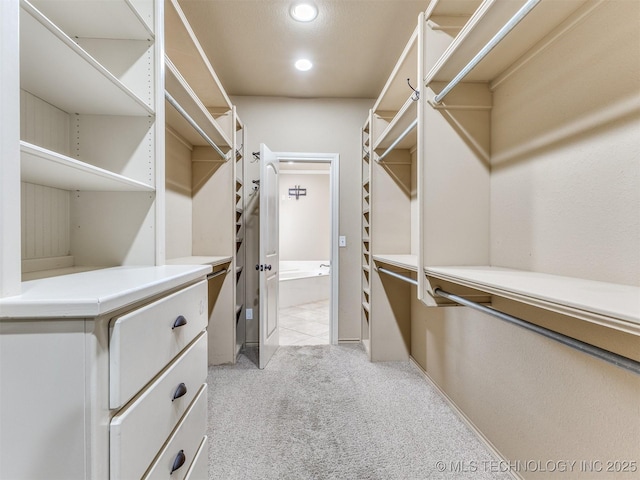 walk in closet with light carpet