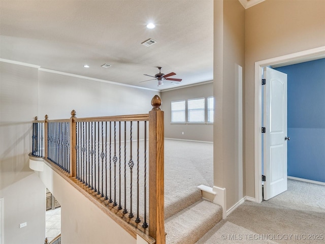 stairway with ceiling fan, carpet floors, and ornamental molding